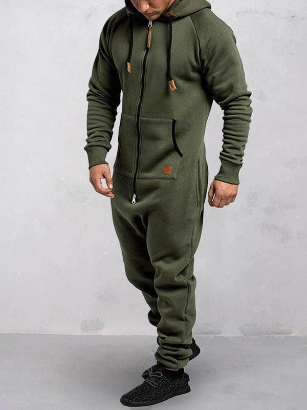 Men's gray fleece hooded jumpsuit relaxed fit full-zip lounge wear one-piece winterwear