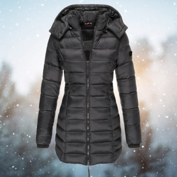 Women's long black quilted puffer jacket tailored fit with detachable hood winter coat