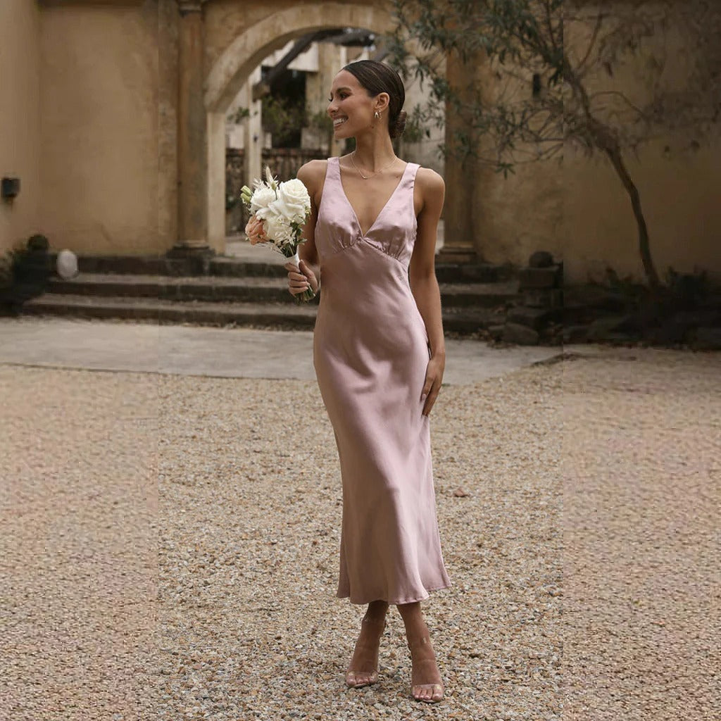 Women's slim fit satin maxi dress deep V-neck elegant straps formal evening gown