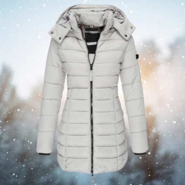 Women's long black quilted puffer jacket tailored fit with detachable hood for winter