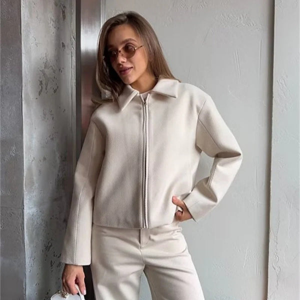 Women's structured zip-up jacket classic collar long sleeve casual layer versatile fit