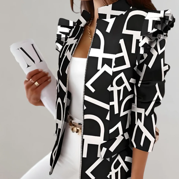 Women's tailored plaid jacket with ruffle shoulders, stand collar, hip length, structured fit