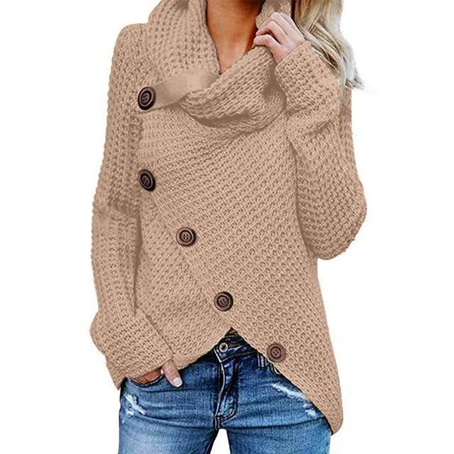 Women's relaxed fit waffle knit cowl neck sweater with asymmetric button front closure