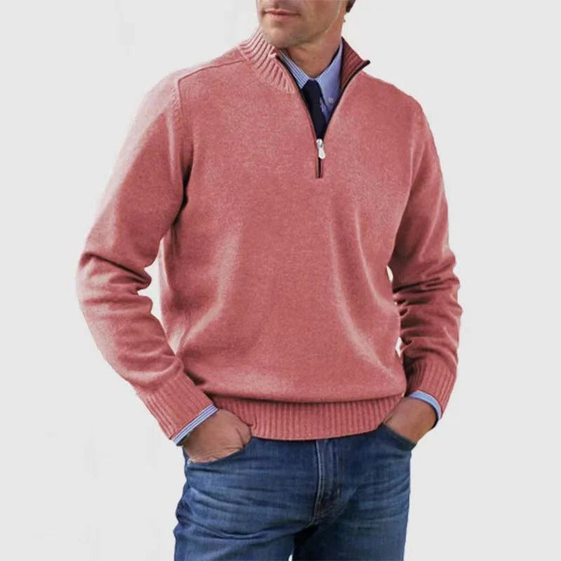 Men's navy quarter zip knit sweater business casual slim fit adjustable neckline pullover by Wavlynn