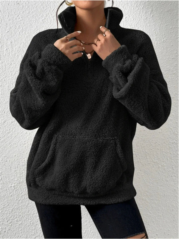 Women's cozy fleece sweatshirt relaxed fit stand collar zip front with kangaroo pocket