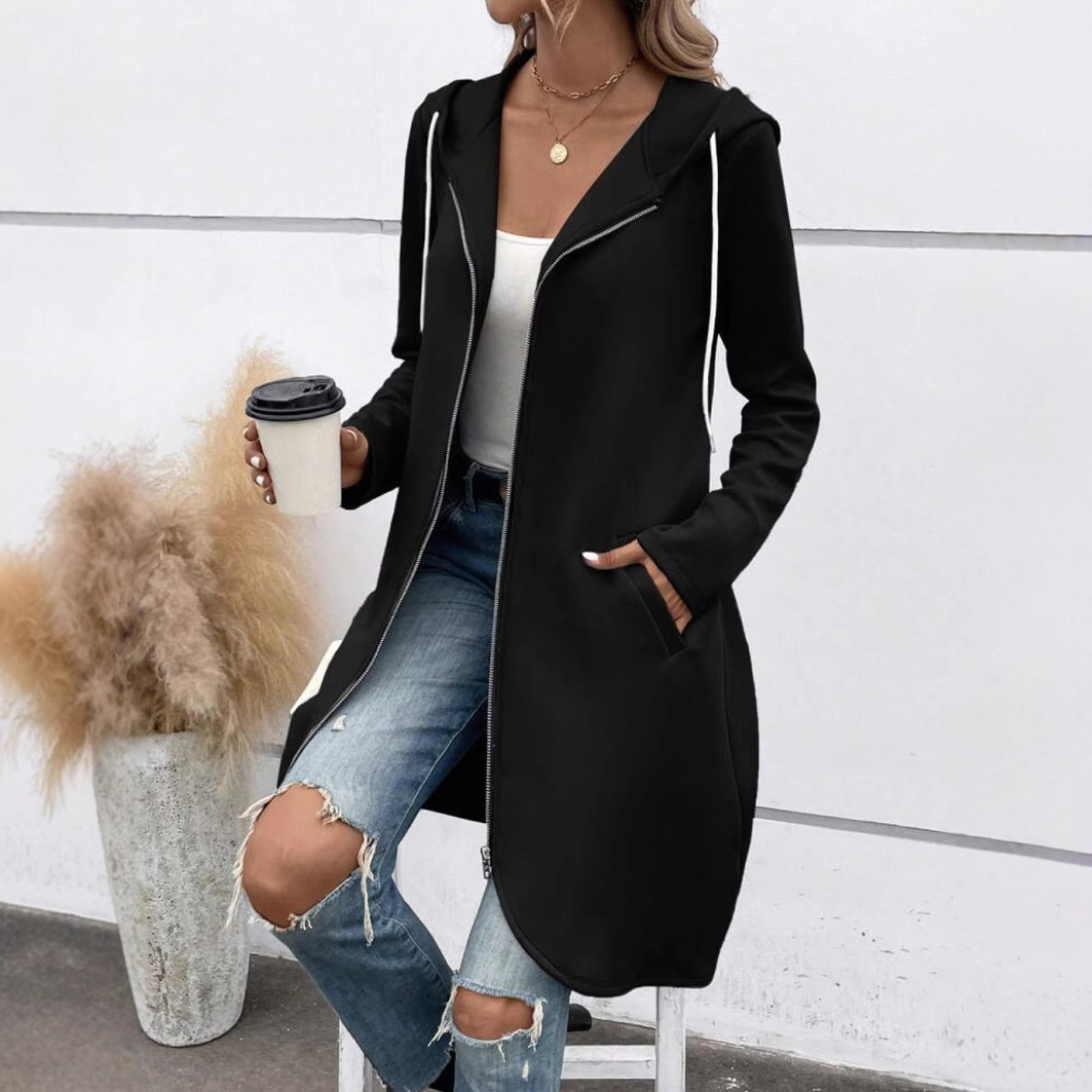 Women's longline full-zip hoodie sweatshirt, relaxed fit with fleece feel and side pockets
