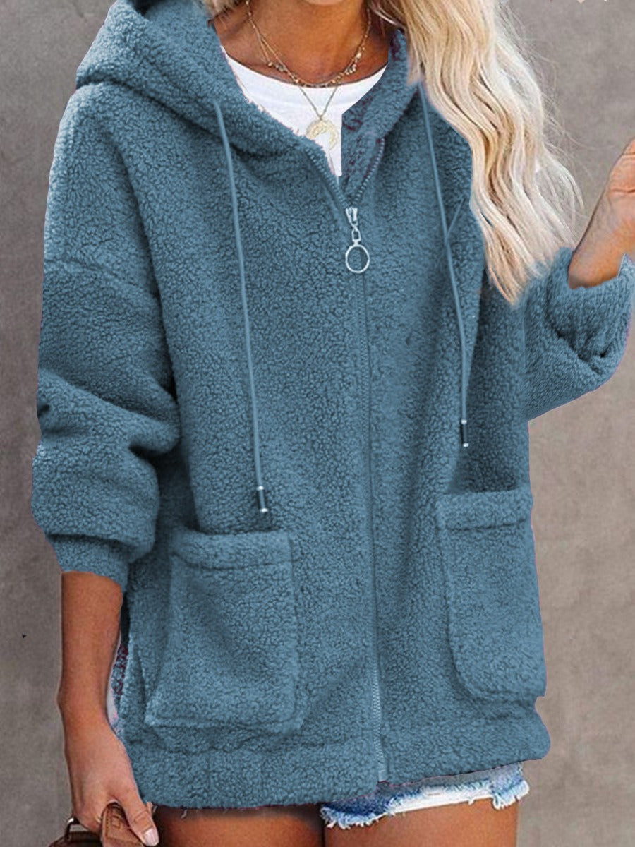 Women's oversized sherpa hooded jacket with zip front and pockets, plush cozy texture for everyday warmth