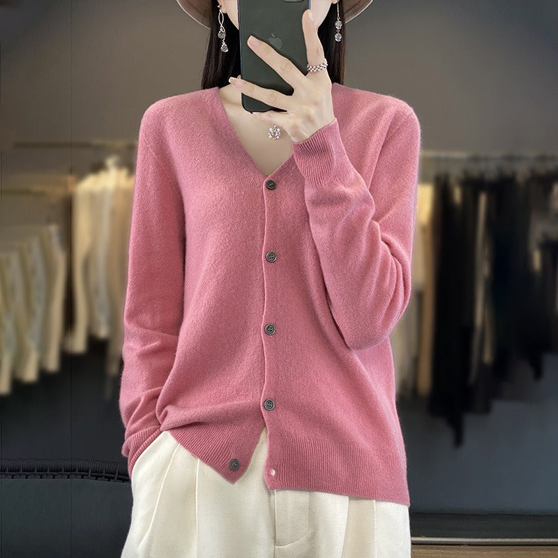 Women's wool-knit relaxed-fit cardigan in neutral tone, V-neck button-front cozy layering piece
