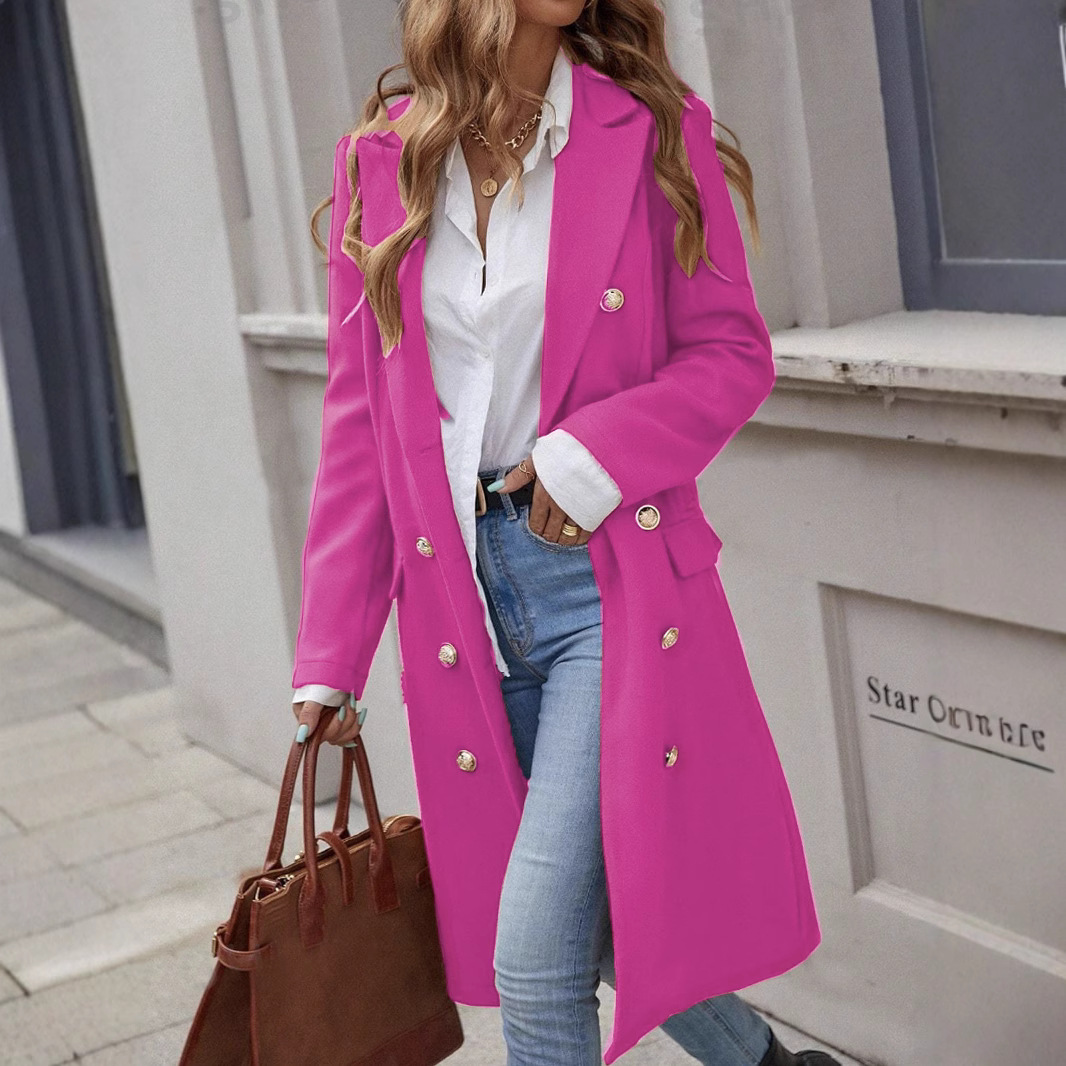 Women's full-length wool coat tailored fit double-breasted wide lapel in classic winter style