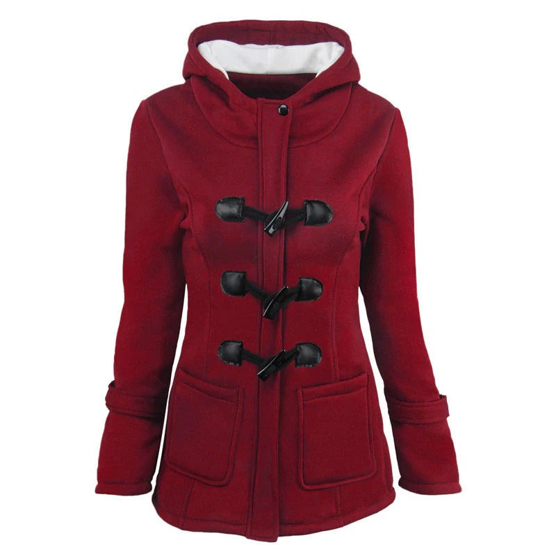 Women's structured cotton blend hooded jacket with toggle closure, hip length, chic everyday style