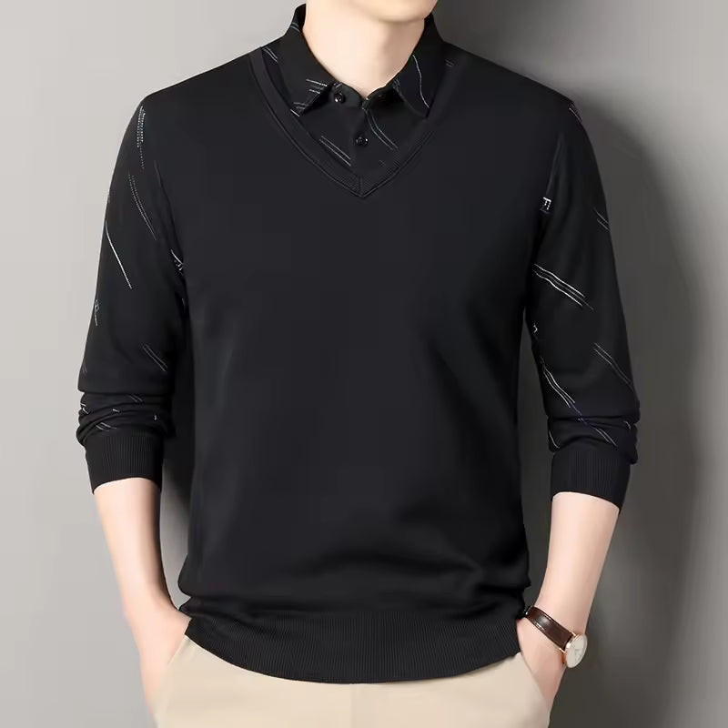 Men's regular fit fleece-lined knit pullover sweater with V-neck polo collar, smart-casual style