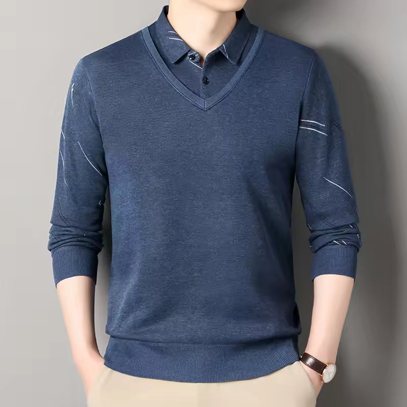 Men's regular fit fleece-lined knit pullover sweater with V-neck polo collar, smart-casual style