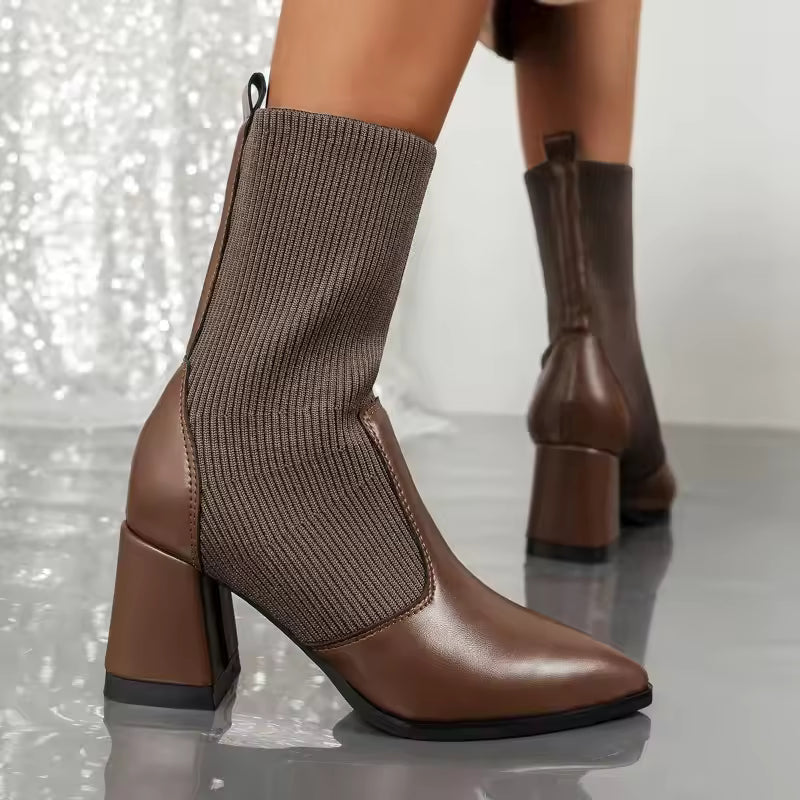 Women's black knitted sock ankle boots pointed toe block heel sleek fit city style