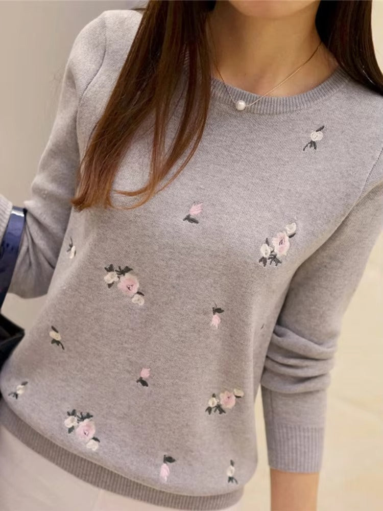 Women's wool blend knit sweater in cozy fall tones with embroidered floral design, regular fit