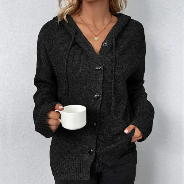 Women's oversized hooded cardigan knit texture button front ribbed trim cozy layering essential