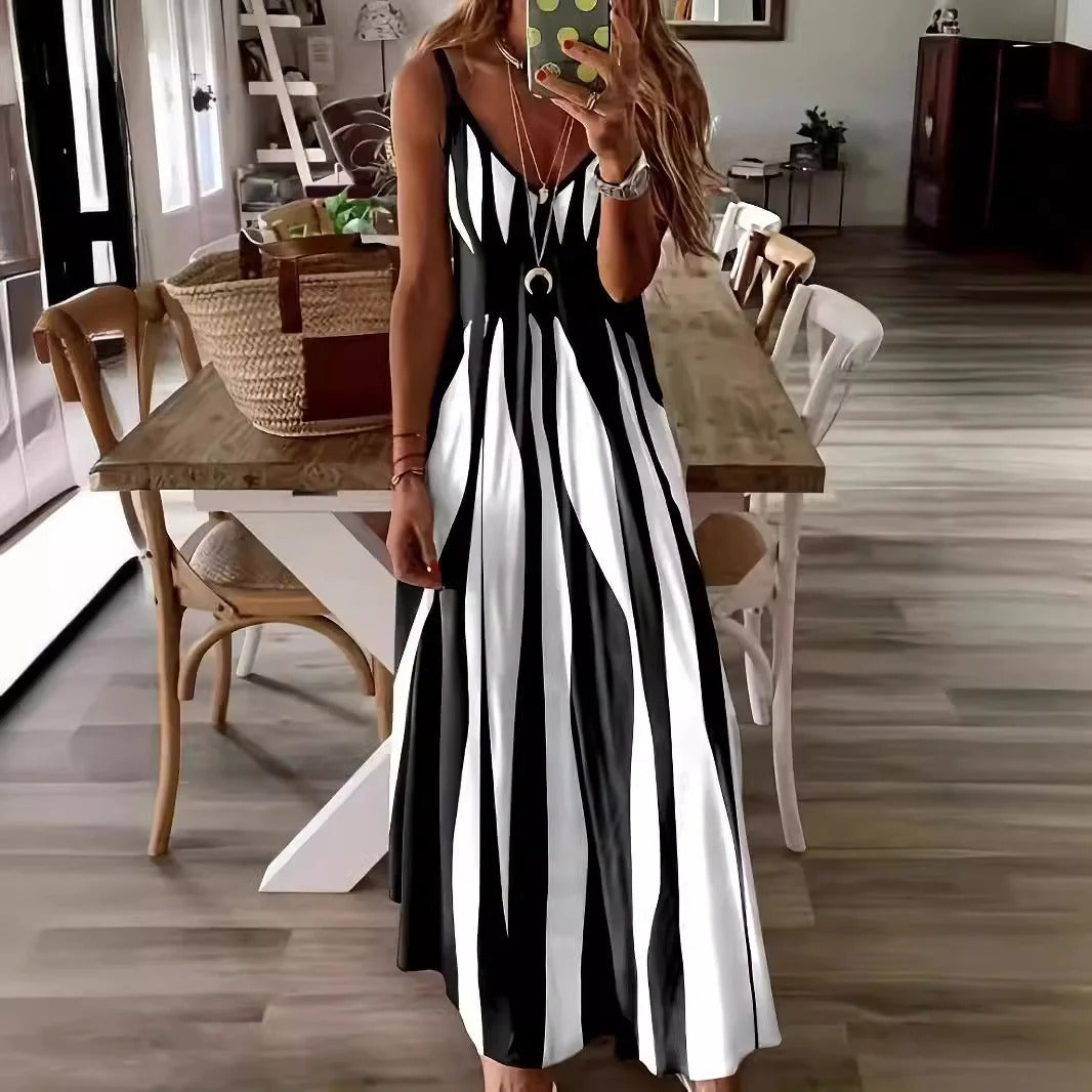 Women's blue and white vertical stripe sleeveless maxi dress with V-neck and flowing silhouette