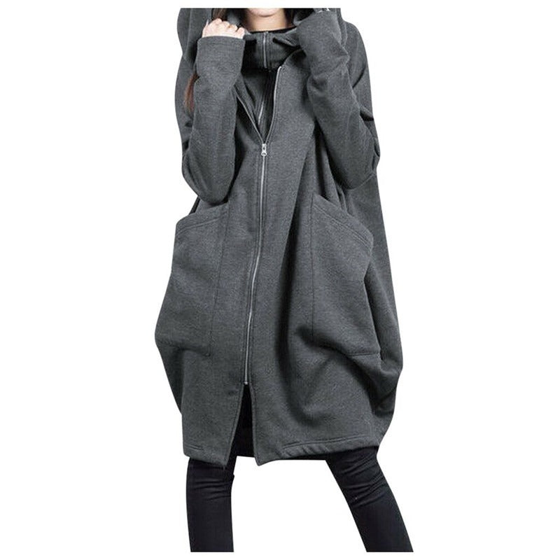 Women's oversized mid-length wool coat with hood, zip front pockets, relaxed silhouette for fall winter