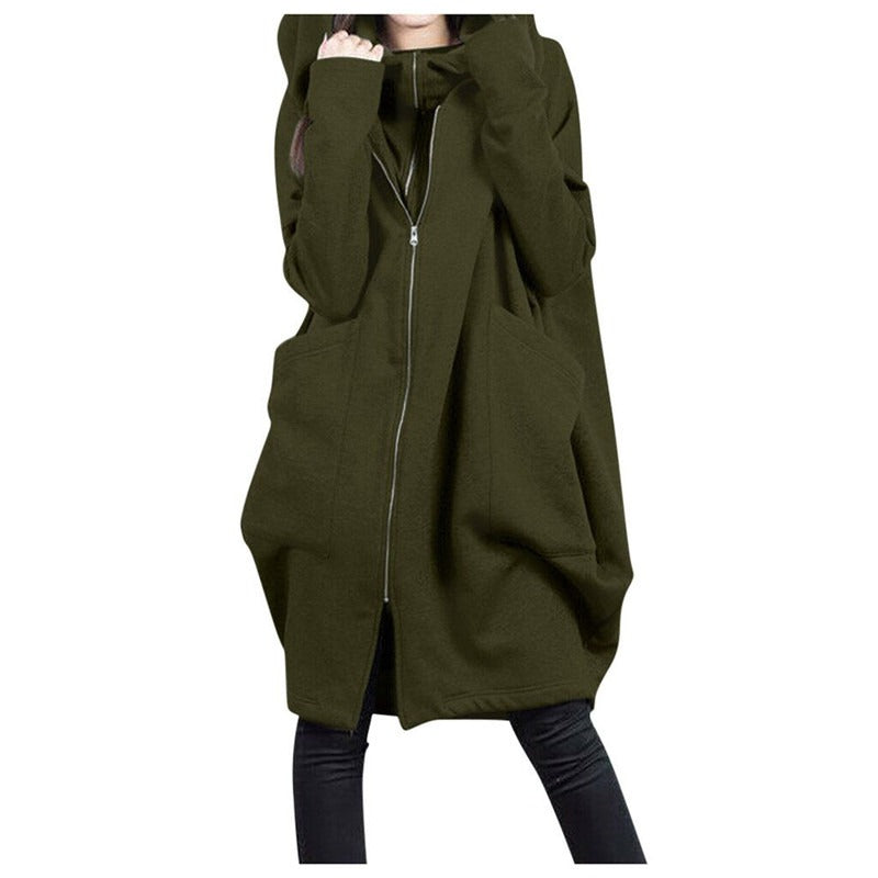 Women's oversized mid-length wool coat with hood, zip front pockets, relaxed fit for fall winter
