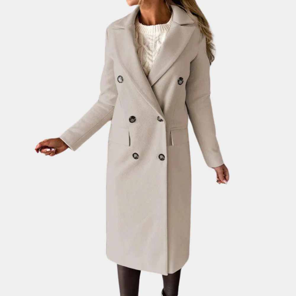 Women's camel wool-feel long coat tailored double-breasted fit with notched lapel