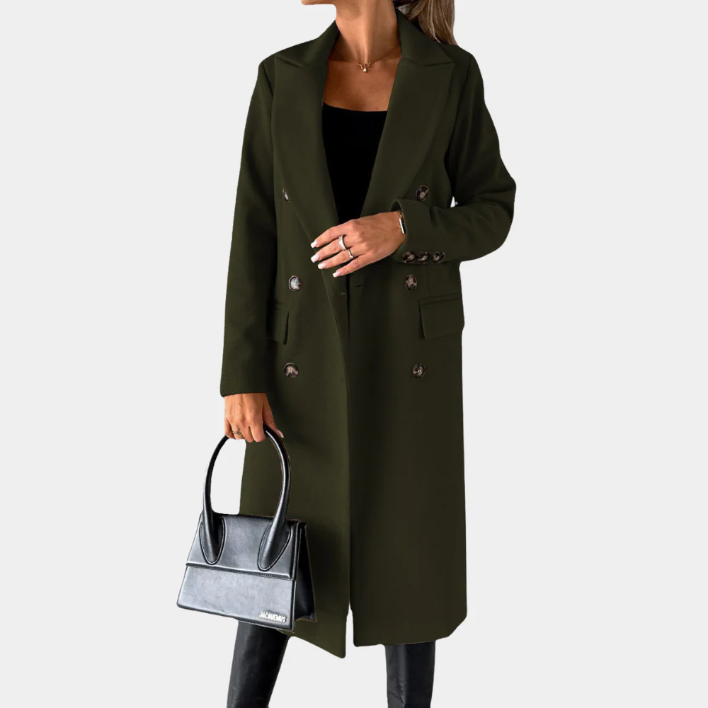 Women's camel wool-feel long coat tailored double-breasted fit with notched lapel