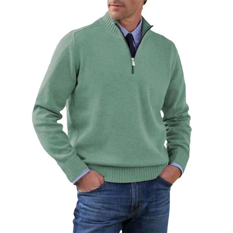 Men's navy quarter zip knit pullover sweater with adjustable neckline for business casual office style