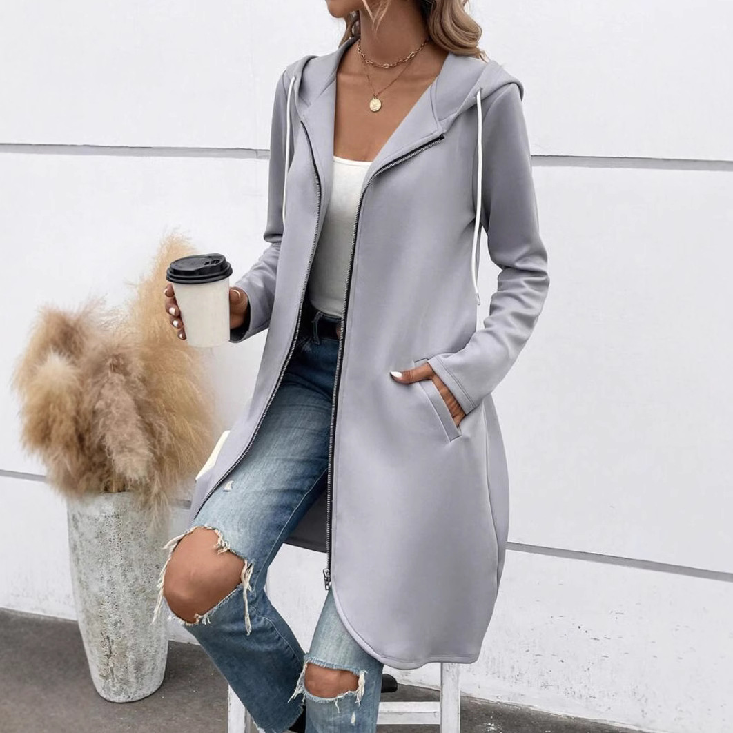 Women's longline full-zip hoodie sweatshirt, fleece feel, relaxed fit with side pockets