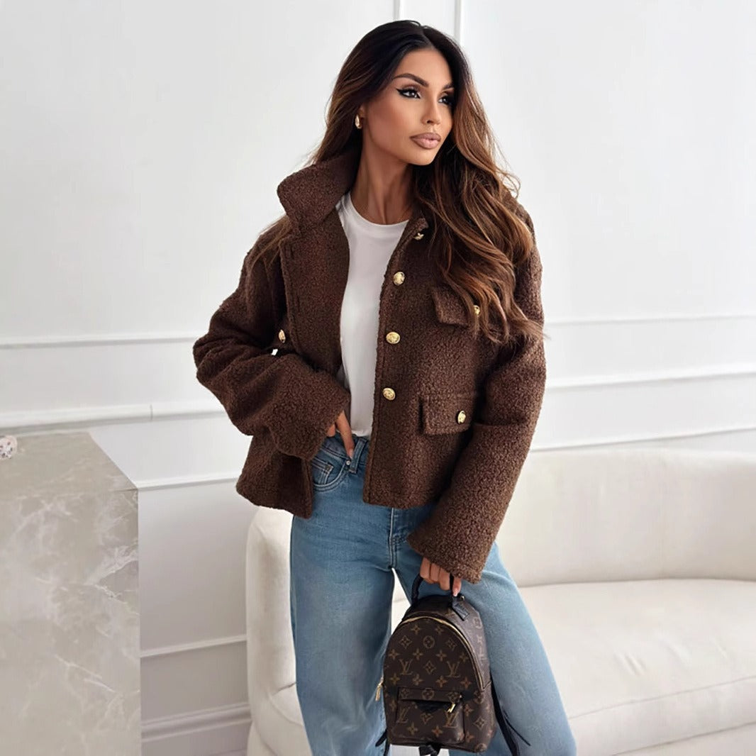 Women's faux-shearling knit jacket relaxed hip-length fit collared neckline metallic button closure