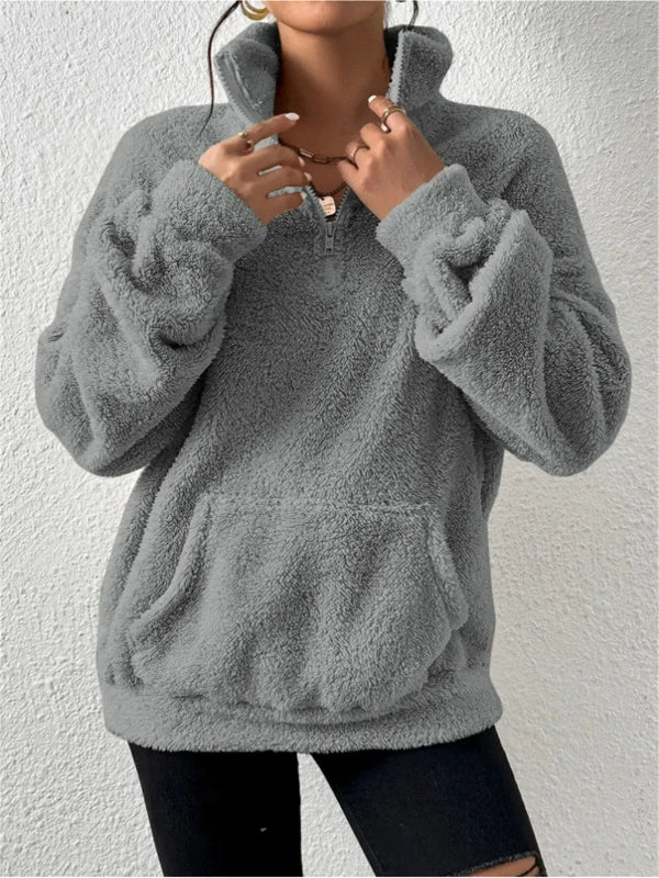 Women's relaxed fit fleece sweatshirt stand collar zip front kangaroo pocket cozy casual layer