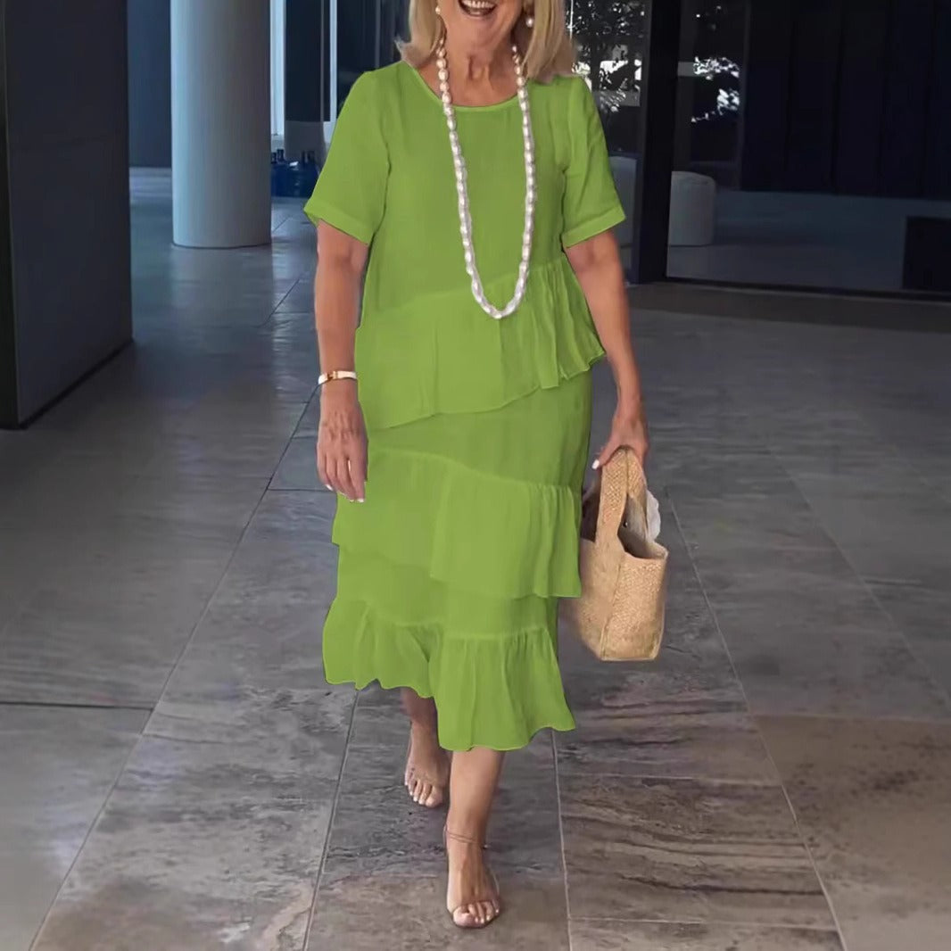 Women's cotton linen tiered maxi dress relaxed fit short sleeve slip-on silhouette summer style