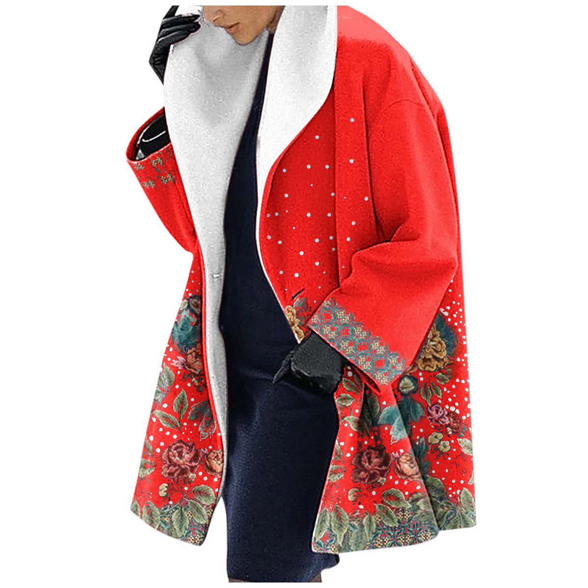 Women's wool-blend hooded jacket mid-length loose fit with bold ethnic floral print for cozy warmth