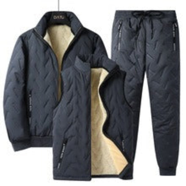 Men's three-piece insulated cotton outfit relaxed fit zipper closure lambswool lining casual winter set