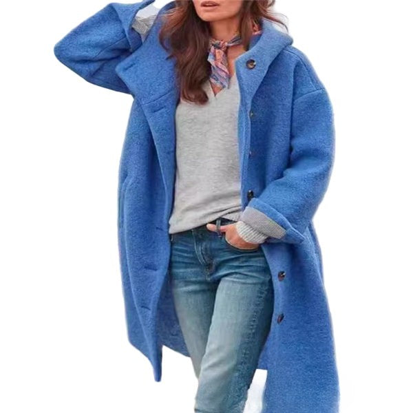 Women's full-length hooded wool coat oversized fit button front in neutral winter style