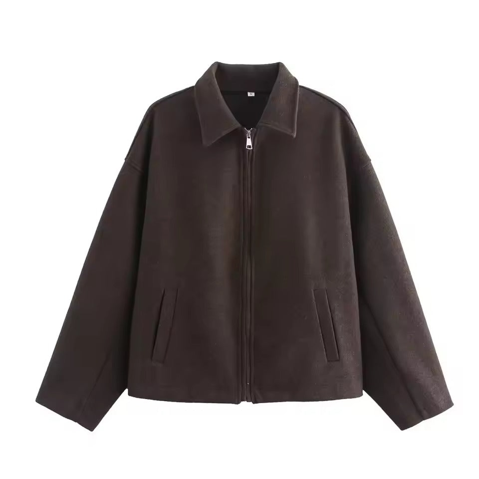Women's wool blend loose fit jacket with zip front closure, revers collar, hip length, chic style