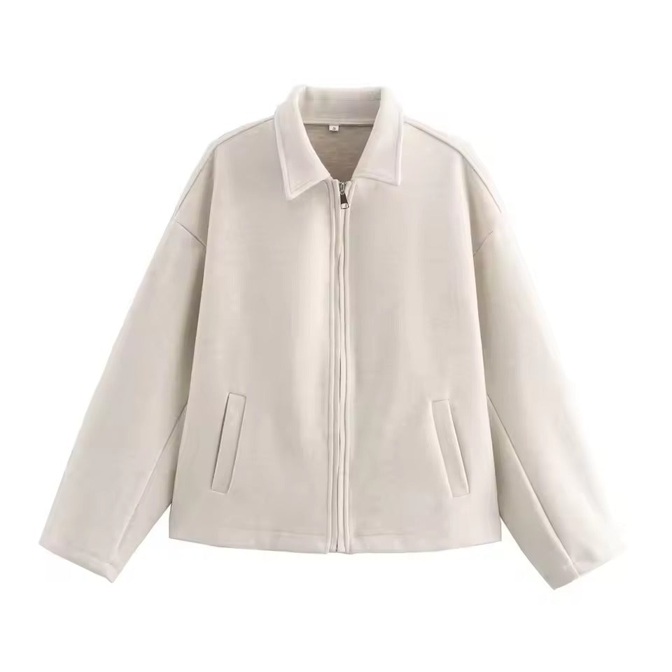 Women's wool blend loose fit jacket with zip front closure, revers collar, hip length, chic style