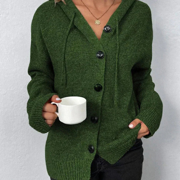 Women's oversized hooded cardigan knit texture button front ribbed trim cozy layering essential
