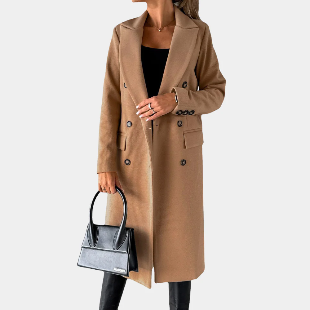 Women's camel wool-feel long coat tailored double-breasted fit with notched lapel