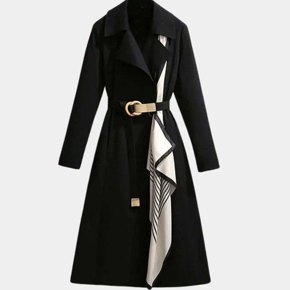 Women beige cotton blend trench coat tailored full-length silhouette with belted waist office style