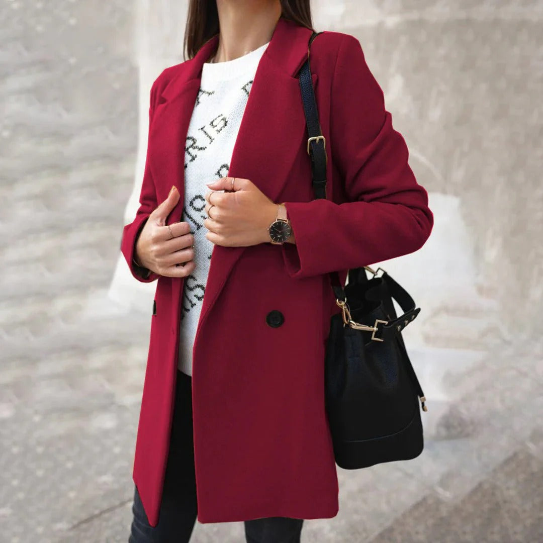 Women's camel wool blend long coat tailored fit with notched lapel and single-breasted closure