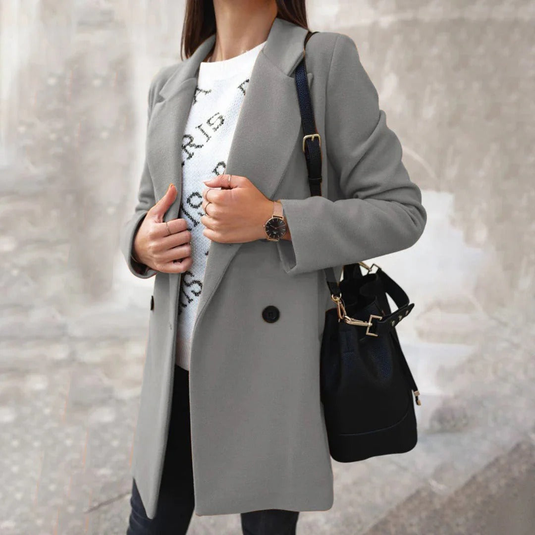 Women's camel wool blend long coat tailored fit with notched lapel and single-breasted closure