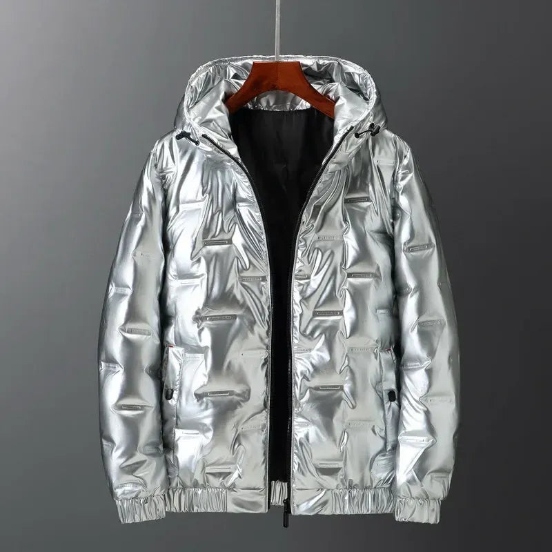 Men's quilted down jacket black regular fit hooded water-resistant hip-length puffer coat