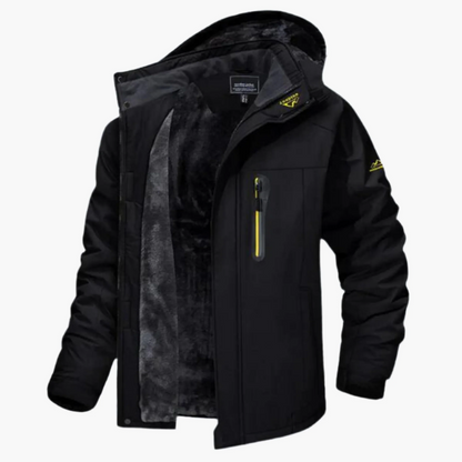 Men's mid-length casual outdoor jacket waterproof hooded fleece-lined shell in neutral tone