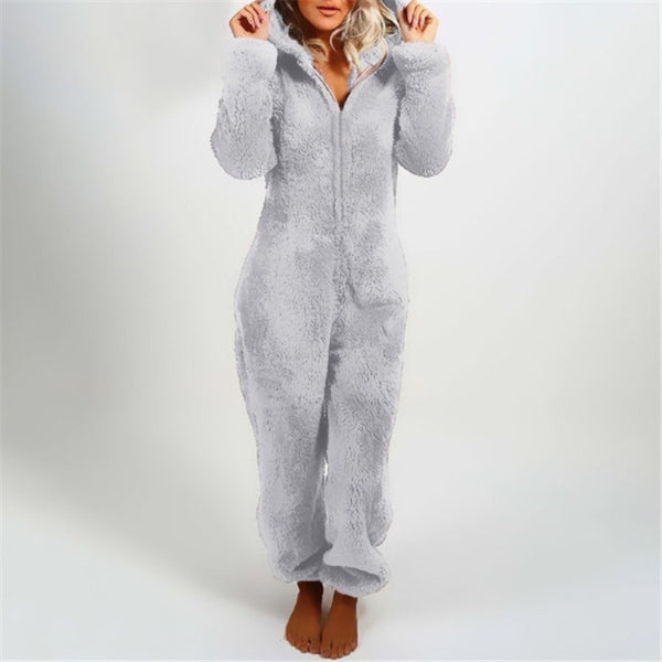 Women's plush fuzzy hooded onesie relaxed fit full length loungewear cozy soft fabric