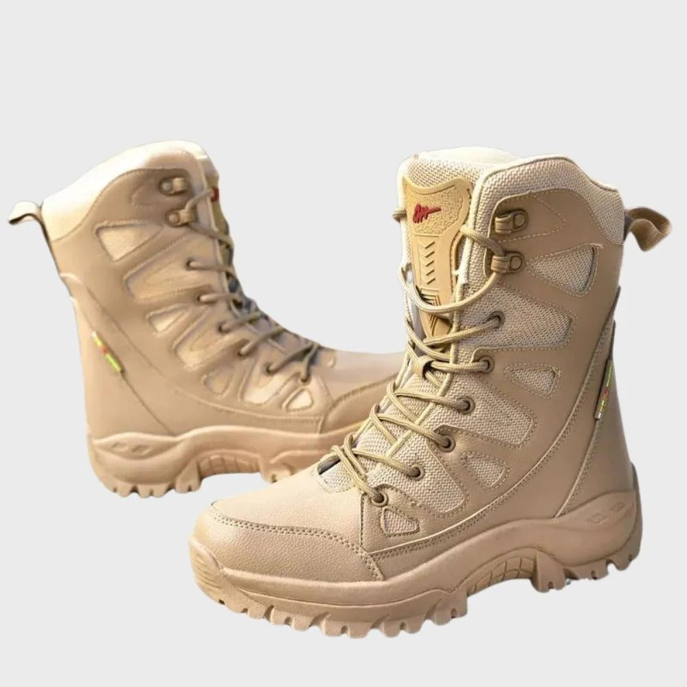 Women's high-top leather mesh hiking boots with reinforced toe cap and ankle support in neutral tones