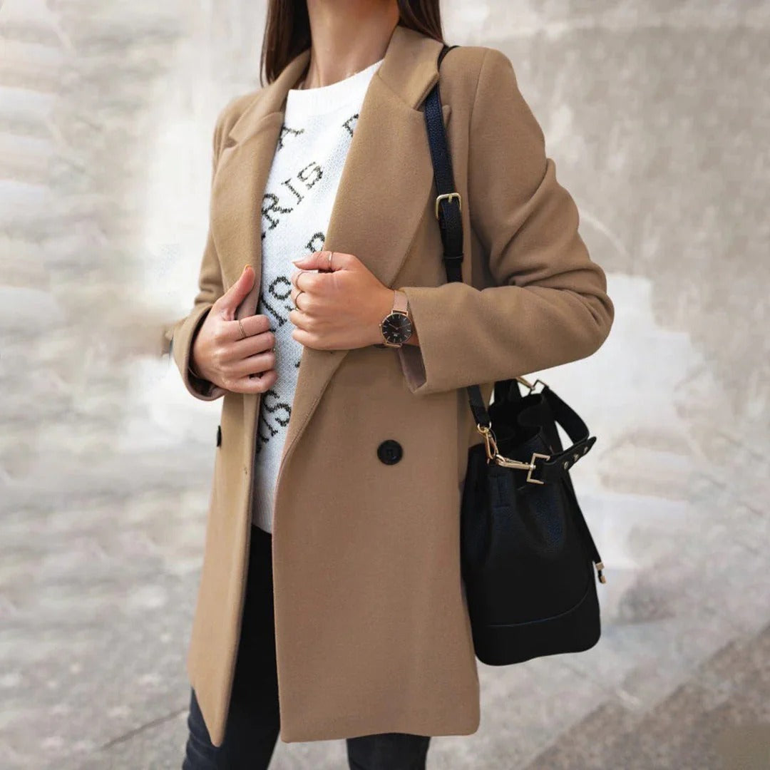 Women's camel wool blend long tailored coat with notched lapel and single-breasted closure