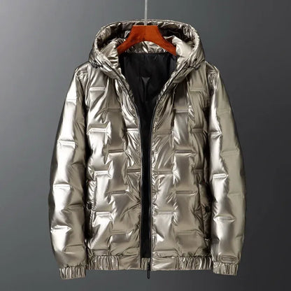Men's quilted down jacket hood regular fit water-resistant hip-length navy blue winter coat