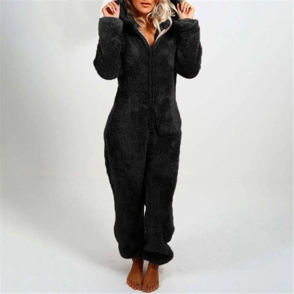 Women's plush fuzzy hooded onesie relaxed fit full length loungewear cozy home wear