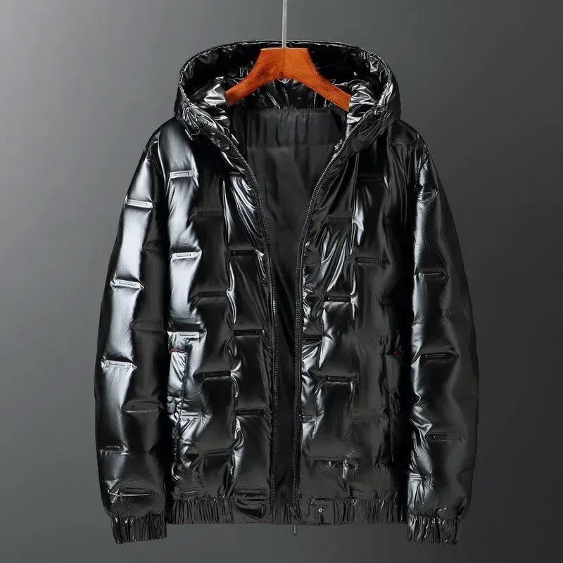 Men's quilted down jacket navy blue regular fit hooded water-resistant hip-length winter coat