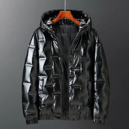 Men's quilted down jacket navy blue regular fit hooded water-resistant hip-length winter coat