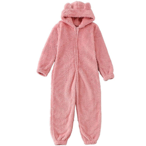 Women's plush fuzzy hooded onesie in relaxed fit, full-length loungewear with cozy soft fabric