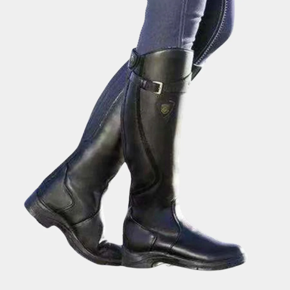 Women's slim knee-high boots in suede-look finish with strap buckle detail, water-resistant style